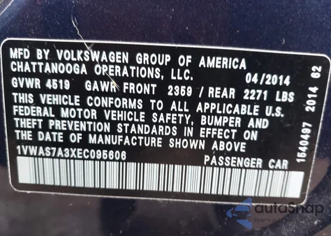 2014 Volkswagen Passat 1.8T S z USA, uszkodzony, nr VIN 1VWAS7A3XEC095606